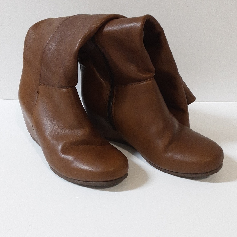 Mercanti Fiorentini leather boots heel knee wedge brown women 38 pull on